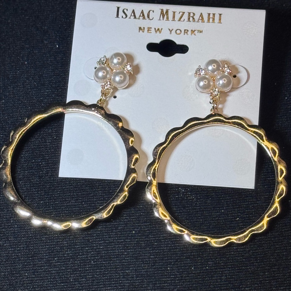ISAAC MIZRAHI Gold Tone Faux Pearl Crystal Dangling Post  Earrings 2.5 inch